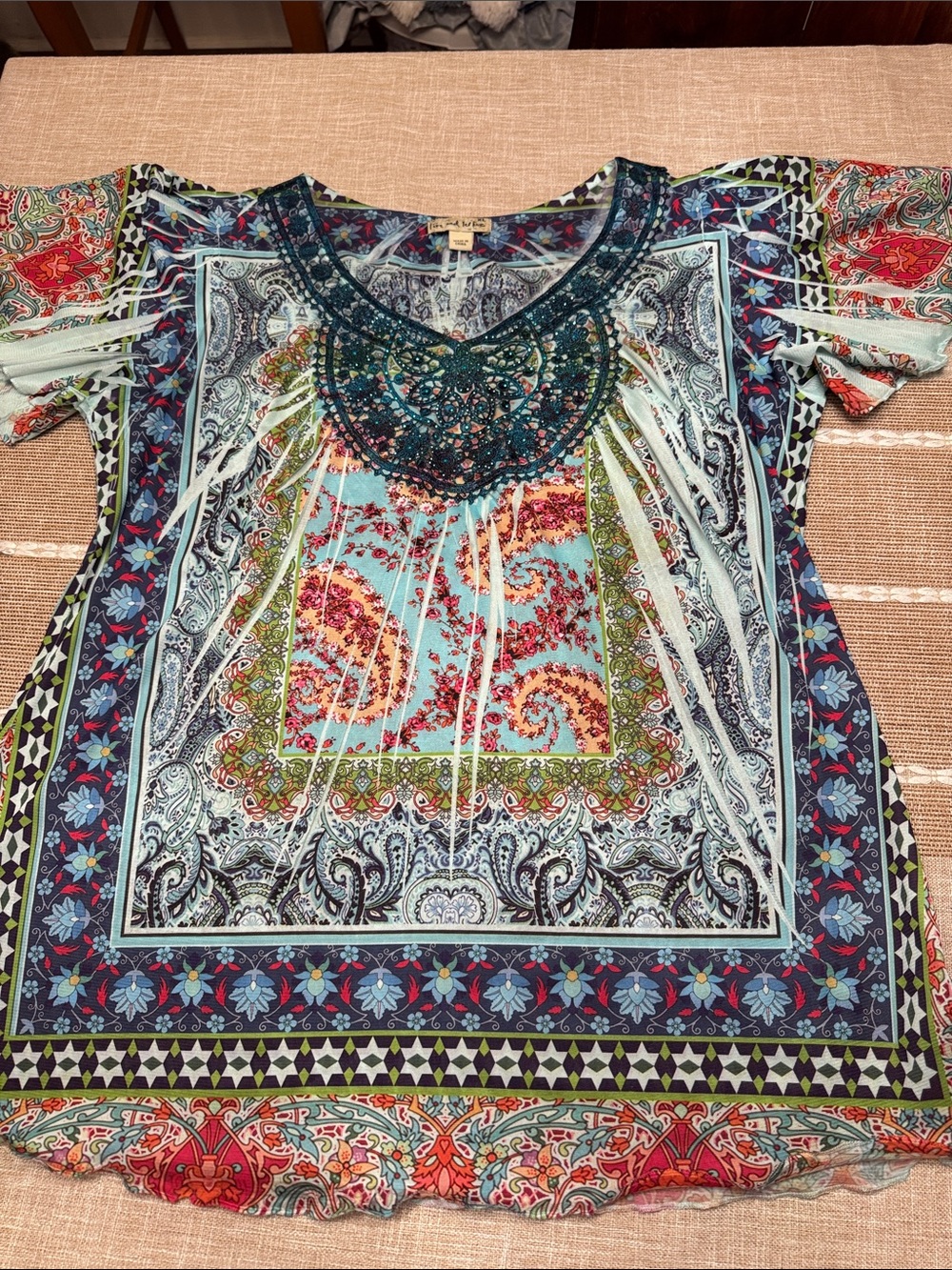Live and let live Aqua Multi Paisley Embellished V-Neck Tunic